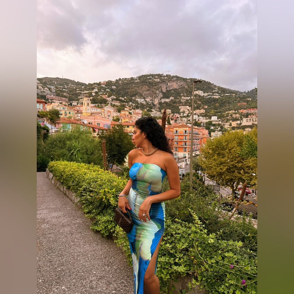 Blue and Green Strapless Maxi Dress